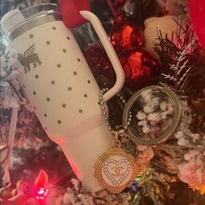 White and Gold Polka Dot Stanley Tumbler ornament with Keychain